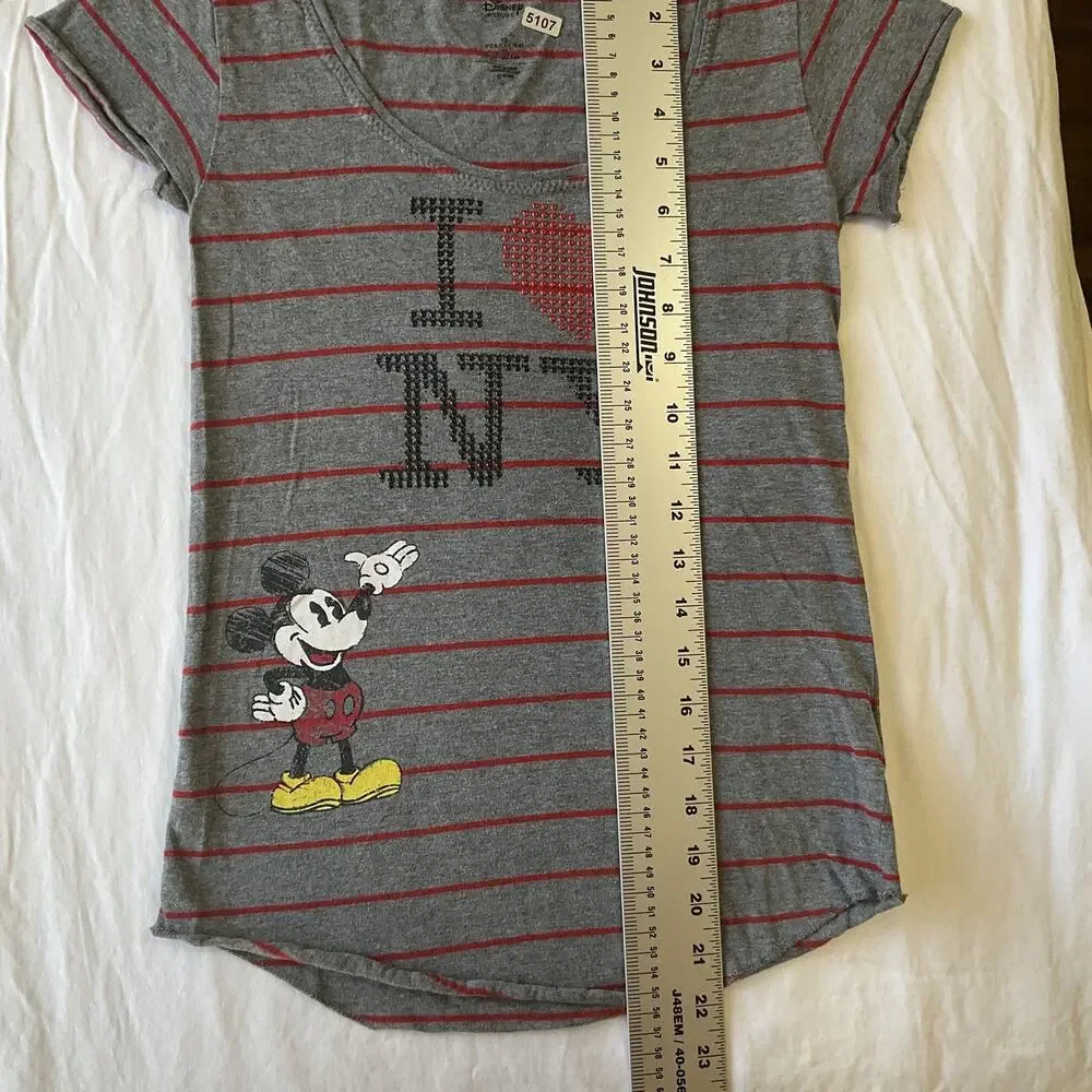 Disney Store Women Shirt XS Gray Striped Logo Scoop Neck Pullover Short Sleeve